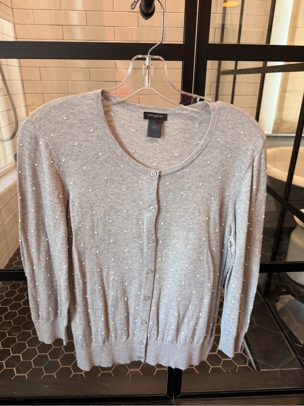 Ann Taylor Light Gray Pearl Accent Button-Front Cardigan